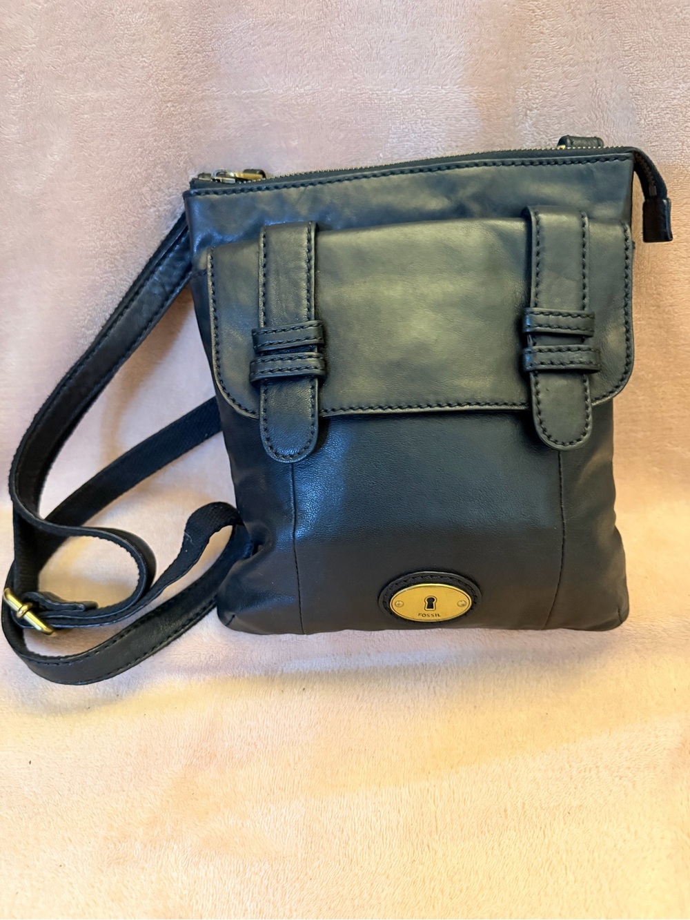 Leather Crossbody Bag with Front Flap Black